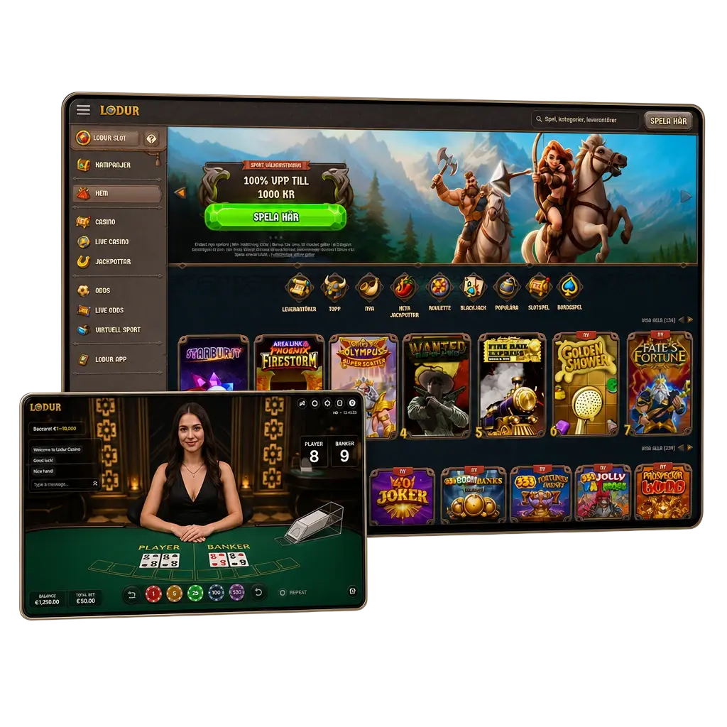 Live Casino på Lodur med proffsdealers vid roulette- och blackjackbord